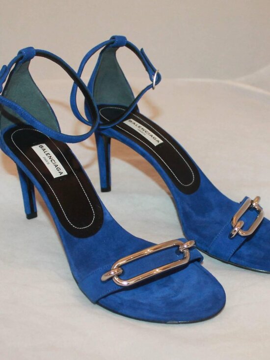 Balenciaga Shoes - Balenciaga Electric Blue Suede Heels Silver Hardware Ankle Strap Sandal
